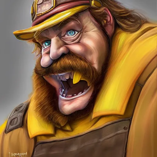 Image similar to Portrait of Gérard Depardieu as Wario, yellow overall, nintendo, fantasy, highly detailed, digital painting, artstation, concept art, sharp focus, illustration, art by Tony Sart and artgerm and randy vargas