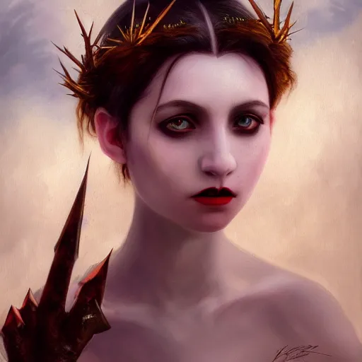 Image similar to portrait of vampire princess, thorns, realistic eyes, headshot, pale skin, 4k, rule of thirds, extreme detail, detailed drawing, trending artstation, hd, fantasy, realistic lighting, by Albert Bierstadt, Frederic Edwin Church.