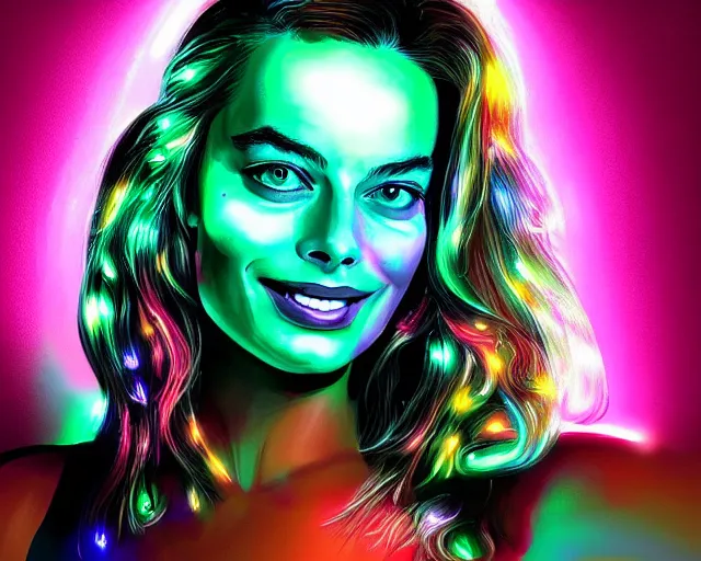 Image similar to led neon art of margot robbie, digital art, hyper detailed, award winning