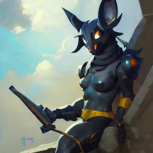 Image similar to greg manchess portrait painting of partially armored umbreon as overwatch character, medium shot, asymmetrical, profile picture, organic painting, sunny day, matte painting, bold shapes, hard edges, street art, trending on artstation, by huang guangjian, gil elvgren, ruan jia, greg rutkowski, gaston bussiere