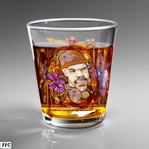 Prompt: ice - t, in whiskey glass with ice, by alfons mucha, golden hour, realistic, body shot, sharp focus, 8 k high definition, insanely detailed, intricate, elegant, cherry blossoms