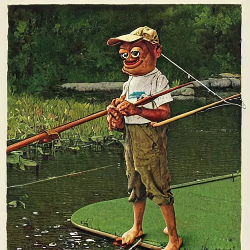 Image similar to pepe the frog fishing by norman rockwell