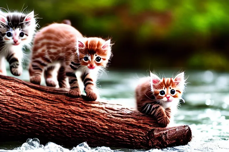 Image similar to kittens walking on a log that crosses a river