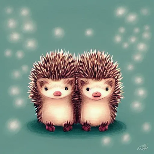 Image similar to two cute adorable hedgehogs, sitting together on a couch, romantic, shy hedgehog, blushing, waving, smiling, cute, hedgehog, by cyril rolando