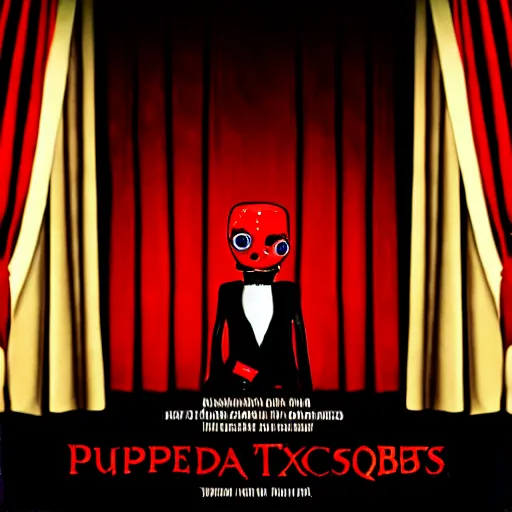 Prompt: puppet master in tuxedo behind a red curtain, capitalism, dark ambiance, in the style of love death robots