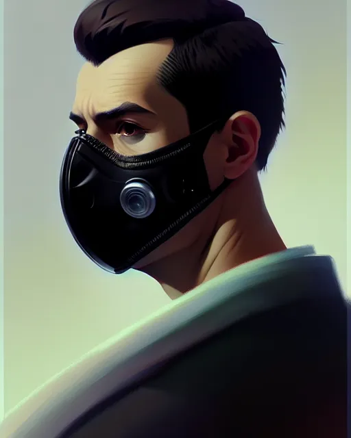 Image similar to a ultradetailed beautiful panting of a european man wearing black medical mask, by ilya kuvshinov, greg rutkowski and makoto shinkai, trending on artstation