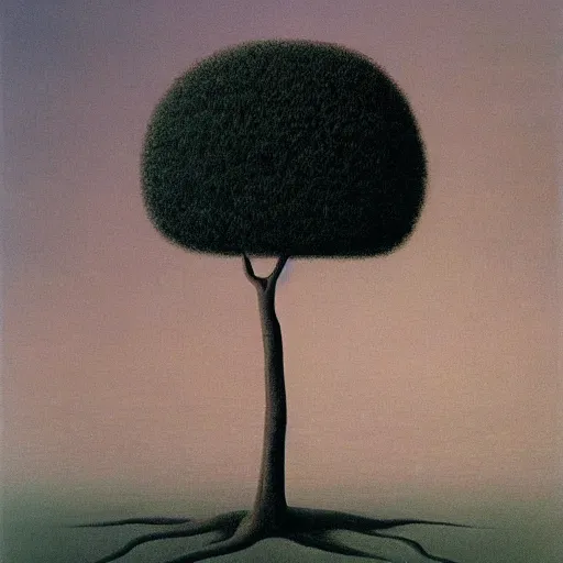 Prompt: tree b by zdzisław beksinski and rene magritte