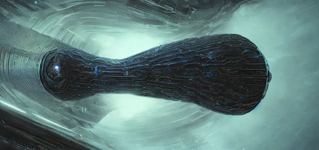 Image similar to Dune spaceship by H.R. Giger, hyperreal, complete scene, ornate, details, smooth, sharp focus, illustration, realistic, cinematic, artstation, award winning, rgb, ethereal blue lighting, cyberpunk look, biomechanical mask. bio luminescent biomechanical, halo, jellyfish. , unreal engine, octane render, cinematic light, iridescent details, iridescent colors, dichroic, macro, depth of field, blur, 8K,