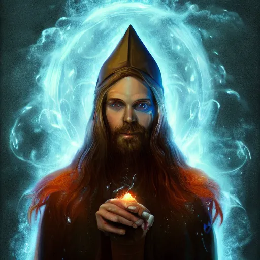 Prompt: a stunning portrait of a human wizard, forming a burning hand spell, highly detailed digital art 4 k trending on artstation