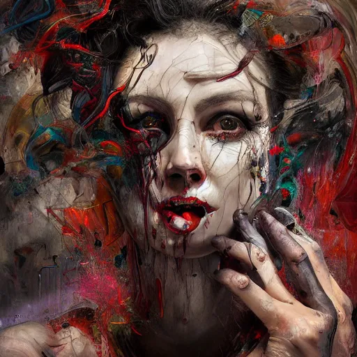 Prompt: A painting of a chaotic pattern of realistic demonic women portraits, each with a different facial expression of madness by christian weiss, ruan jia, pollock, marjorie cameron, 35mm, f2.8, nikon, expressive brush strokes, breathtaking render, unreal engine, william Godward, cyberpunk, blessed by eris, chaos, punk, terror, insane composition, water color splash, coffee stain, burnt paper