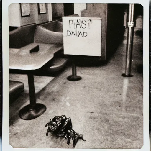 Prompt: found polaroid photo, flash, interior abandoned fast food place, evil mutant gelatinous creature standing