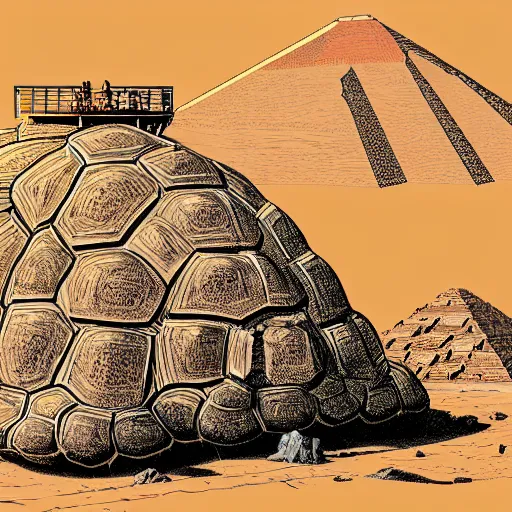 Prompt: gigantic colossal tortoise in the desert built around and into pyramid ziggurat highly detailed concept art schematic, Laurie Greasley