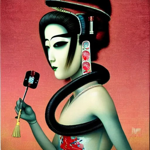 Image similar to Futuristic geisha girl, worm's-eye view, lowbrow painting by Mark Ryden