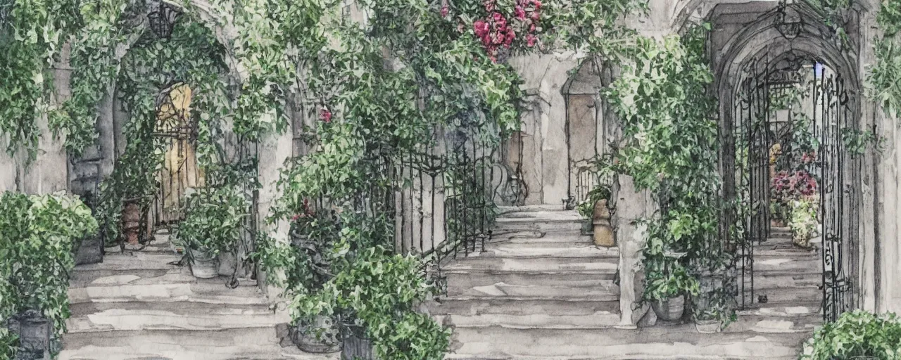 Image similar to courtyard walkway, night castle, stairway, chairs, wrought iron, gate, tree, delicate, botanic garden, garden road, botanical herbarium paper, watercolor colored painting, iridescent colors, 8 k, realistic shaded, fine details, artstation, italian style, colonnade, huge flower