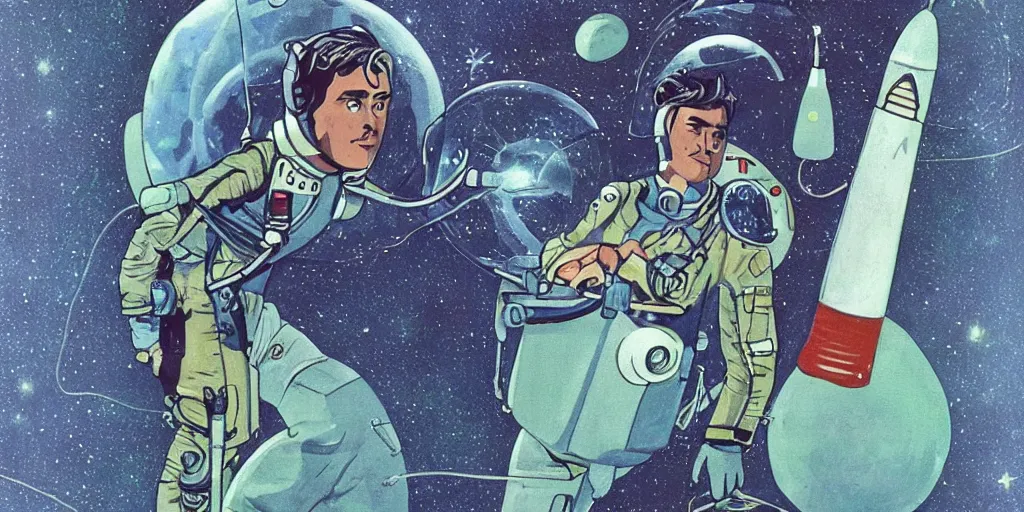 Image similar to a portrait of Alain Delon pilot in spacesuit on field forrest spaceship station landing laying lake artillery outer worlds in FANTASTIC PLANET La planète sauvage animation by René Laloux