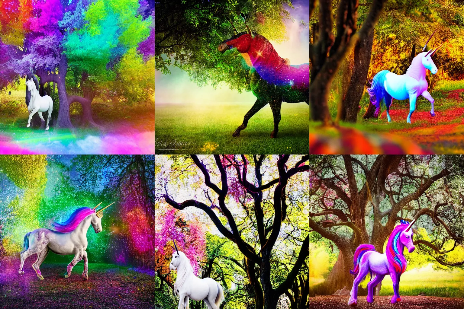Prompt: a beautiful professional photography of The unicorn entering the mysterious colorful tree