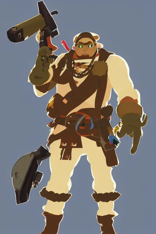 Image similar to an in game portrait of tf 2 heavy from the legend of zelda breath of the wild, breath of the wild art style.