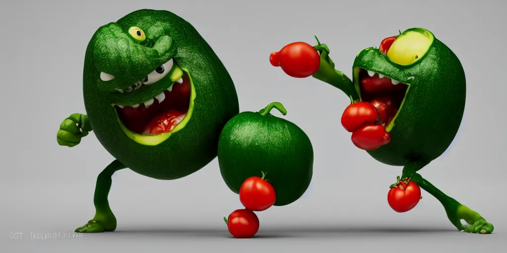 Image similar to detailed 3 d render of a furious zucchini character with bulging muscles attacking a timid tomato, high speed action, martial arts, explosions, blood, dramatic scene, hyper realistic octane render, cinematic lighting, deviantart, pop - surrealism, lowbrow, frame from pixar movie