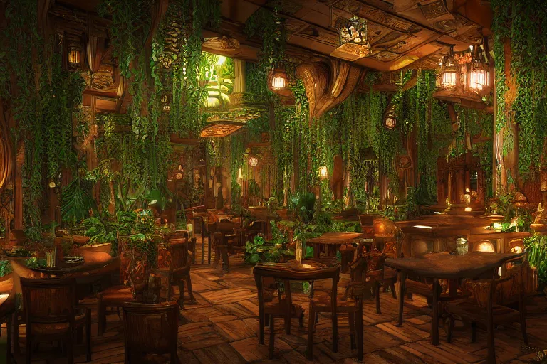 Prompt: inside an elvish art nouveau lush tavern found in italy with potted plants, artgerm, yoshitaka amano, baroque interior, 8 k, octane render, unreal engine