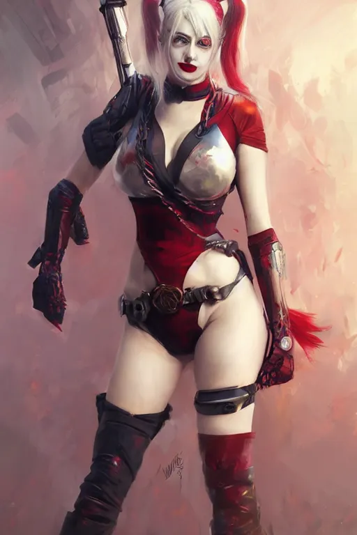 Image similar to portrait of anime Harley Quinn in bikini armor, dc comics, cyberpunk, Warhammer 40000, dark fantasy, digital art from artstation by Ruan Jia and Mandy Jurgens and Artgerm and william-adolphe bouguereau