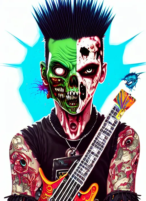 Image similar to a zombie punk rocker with a mohawk holding an electric guitar, tristan eaton, victo ngai, artgerm, rhads, ross draws