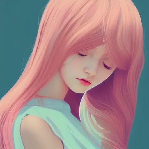 Image similar to young female in summer dress art, pastel light pink long hair, muted colors, matte print, pastel colors, ornate, digital art, digital painting, fan art, elegant, artstation, head is centered, by Ilya Kuvshinov