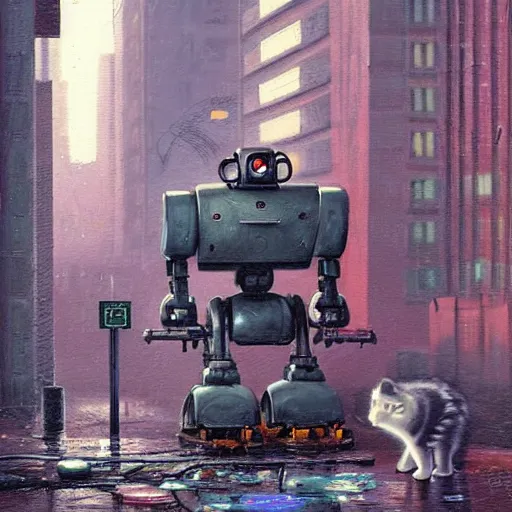 Prompt: a gritty, realistic painting of a broad-shouldered, heavy construction robot reaching down to pet a kitten, in a dark, wet cyberpunk city, by Simon Stålenhag and James Gurney