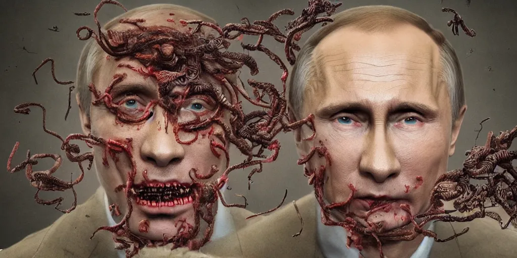 Image similar to highly detailed surreal vfx portrait of vladimir putin's face is eaten by worms, in the background an army of zombies with their mouths sewn shut with wire in the shape of the letter z, style of makoto shinkai studio ghibli genshin impact jamie wyeth james gilleard greg rutkowski, photorealistic, hyperdetailed