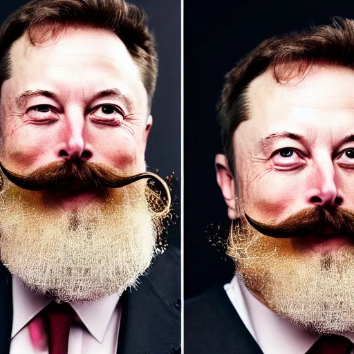 Image similar to elon musk with long mustache and epic beard, 5 0 mm, studio lighting, wes anderson style