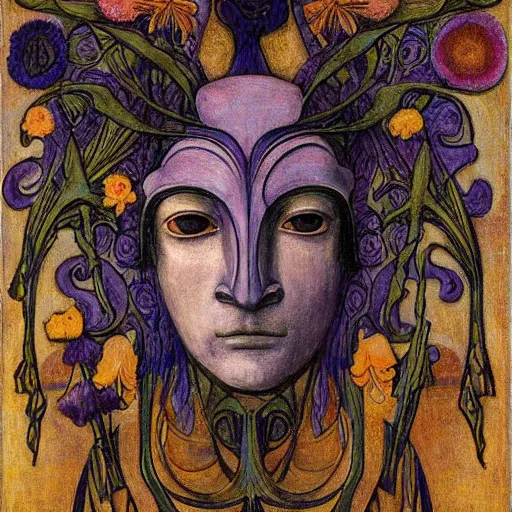 Image similar to closeup of a facemask made of flowers, by annie swynnerton and jean delville and edward hopper and evelyn de morgan and rufino tamayo, dark flower shaman, art brut, outsider art, symbolist, dramatic lighting, god rays, elaborate geometric ornament, clean crisp graphics, smooth sharp focus, extremely detailed, adolf wolfli