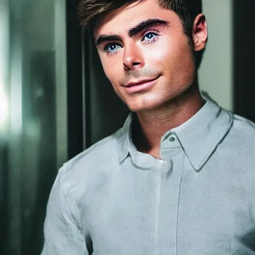 Image similar to “a realistic detailed photo of a guy who is an attractive humanoid who is half robot and half humanoid, who is a male android, Zac Efron, shiny skin”