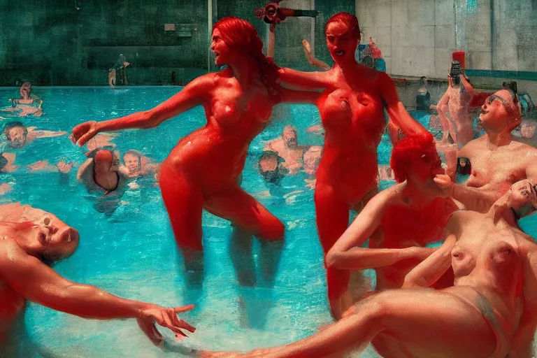 Prompt: Red People at a swimming pool in the style of Francis Bacon and Norman Rockwell and Frank Lloyd Wright , by Bastien Lecouffe-Deharme, dark atmopshere, James Jean, Edward Hopper, trending on artstation, Peter Doig masterpiece, 4k, HD