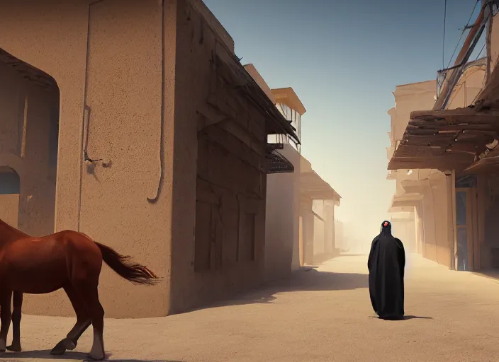 Image similar to old jeddah city alley, roshan, old shops, horse, magical glowing sand gateway to another dimension, several robots and a man wearing a white robe standing watching over, dramatic lighting, dawn, by caspar david friedrich, unreal engine 5