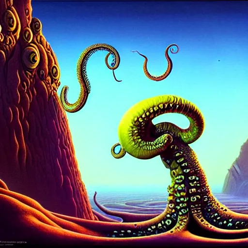 Image similar to highly detailed fantasy art of an alien cephalopod creature in a surreal landscape filled with mountains and mist, diffuse lighting by roger dean, kilian eng, mœbius