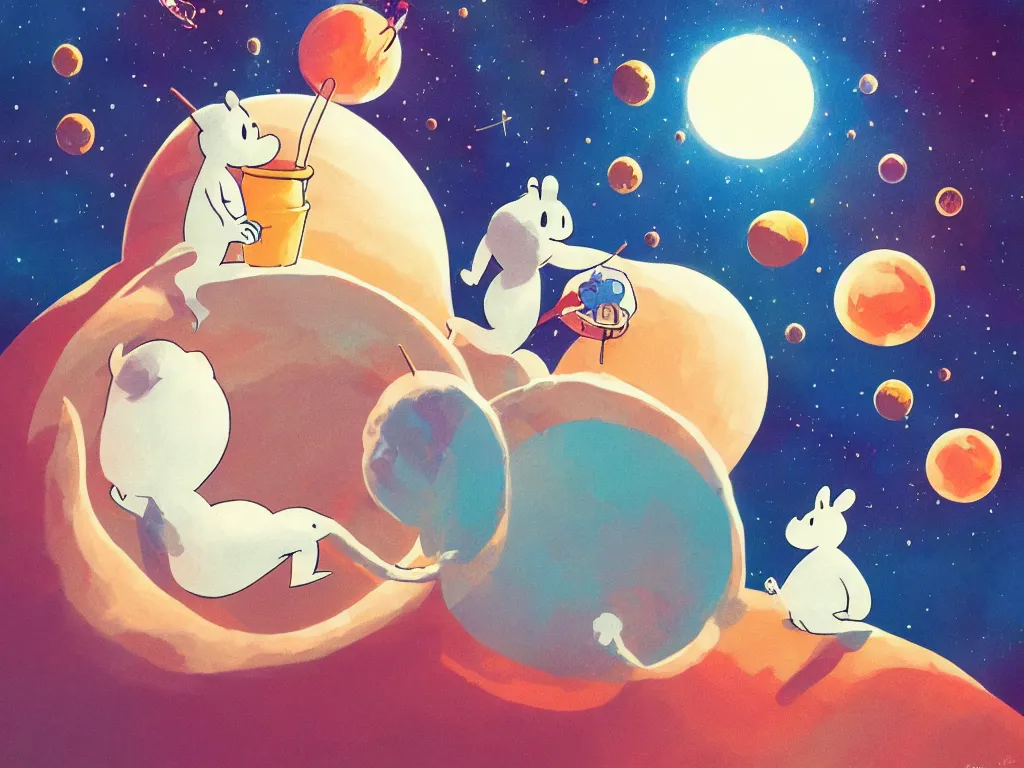 Image similar to the moomins in space, looking cute, illustration, warm colors, fluffy, cozy, hyperrealistic, low light, volumetric light, smooth, trending on artstation
