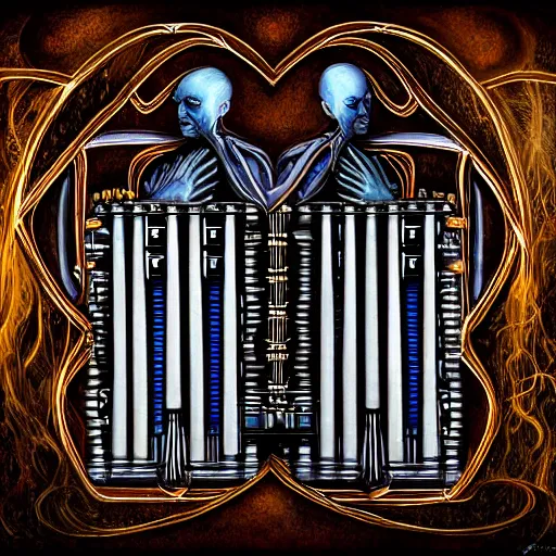 Image similar to beautiful painting of the lattice decopunk organ holding the conscience of God in the style of Welder Wings and H. R. Giger. Dark background, detailed, trending on Artstation