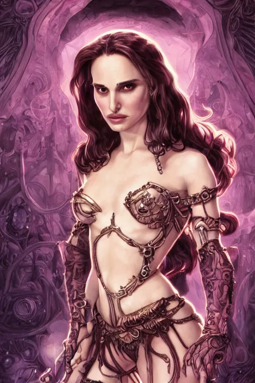 Image similar to Natalie Portman as Jinx from Arcane, cute, fantasy, intricate, elegant, highly detailed, digital painting, 4k, HDR, concept art, smooth, sharp focus, illustration, art by artgerm and H R Giger and alphonse mucha