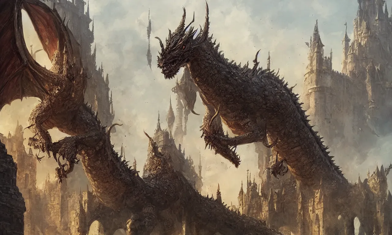 Image similar to dragon infront of a castle, illustration painting, oil on canvas, intricate, detailed illustration, hd, digital art, overdetailed art, concept art, detailed, illustration painting by greg rutkowski, digital art, overdetailed art, concept art,