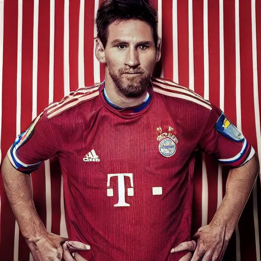 Image similar to a photography of Lionel Messi wearing a Bayern Munich jersey, red background, full body shot, studio lighting, realistic