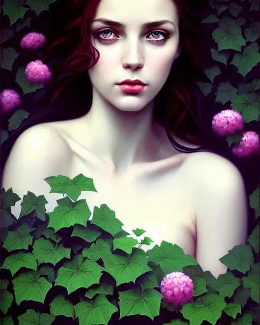 Image similar to stylized dark gloomy mysterious portrait of an artistic pose, composition, young lady sorrounded by nature, cinematic moody colors, ivy, flowers, one single head, realistic shaded, fine details, realistic shaded lighting poster by ilya kuvshinov, magali villeneuve, artgerm, jeremy lipkin and michael garmash and rob rey