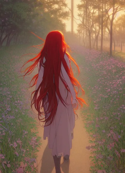 Prompt: pretty young woman with long red hair walking at night, path traced, highly detailed, high quality, digital painting, by studio ghibli and alphonse mucha, leesha hannigan, makoto shinkai, disney