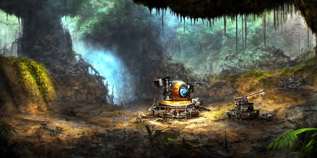 Image similar to a chrome drillbot visits a slightly rusted cave mouth in the jungle, retrofutistic, matte oil painting, merchant tents, science fantasy, salt, rpg, epic, extremely detailed, sharp focus, 4 k