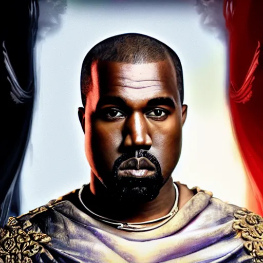 Image similar to Portrait of Kanye West as the god-emperor of mankind, amazing splashscreen artwork, splash art, head slightly tilted, natural light, elegant, intricate, fantasy, atmospheric lighting, cinematic, matte painting