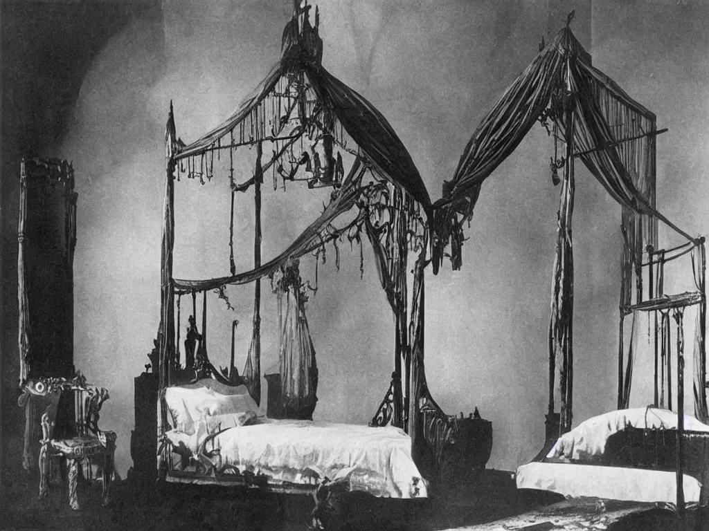Image similar to gothic baldachin bed with home of the wasp. karl blossfeldt, salvador dali