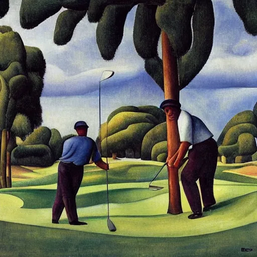 Image similar to Three golfers on a beautiful golf course, by Diego Rivera