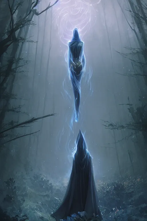 Image similar to a full body portrait of a mysterious goddess with a very long hooded cloak made of stars and clouds walking through a forest,, by maciej kuciara and jason chan and makoto shinkai and rodney matthews, ominous, auras, smoke, fire, embers, vapor, trending on artstation, ultra detailed, hyper realistic 4 k, volumetric light