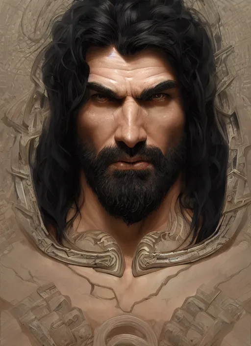 Prompt: portrait of a herculean man with black hair, style of god of war, swarm of sand, intricate, elegant, highly detailed, digital painting, artstation, concept art, smooth, sharp focus, illustration, art by artgerm and greg rutkowski and alphonse mucha, 8 k