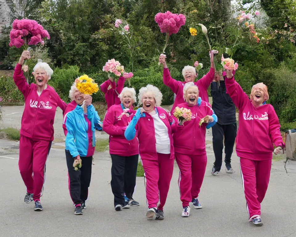 Image similar to a gang of old ladies waving flowers and large hammers, and wearing Umbro track suits laughing maniacally and screaming