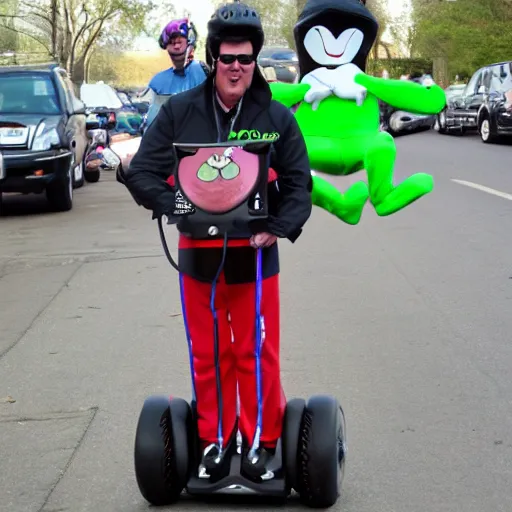 Prompt: elvis riding a segway in a frog costume