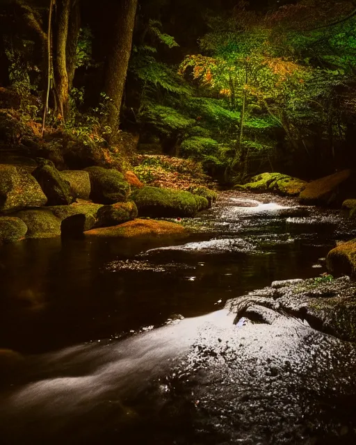 Image similar to a gently flowing stream in the middle of a japanese forest at night, dark and dim lighting, beautiful, tranquil, moody, cinematic, fantasy, 3 5 mm lens, volumetric lighting, first person view, photographic render, hyper realistic